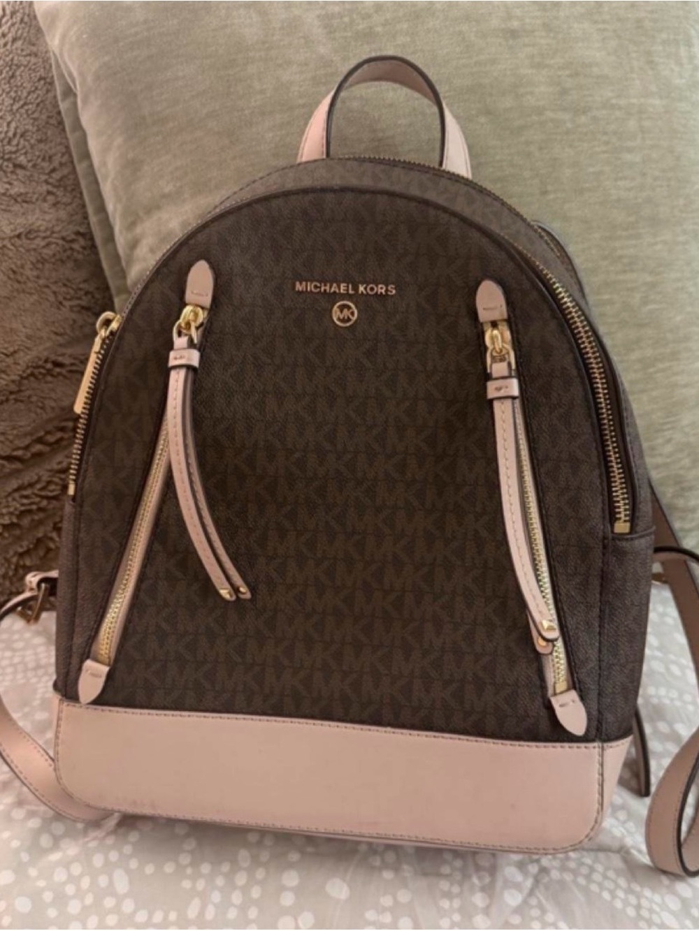 Michael Kors Brown MK Logo Backpack with Pale Pink Trim